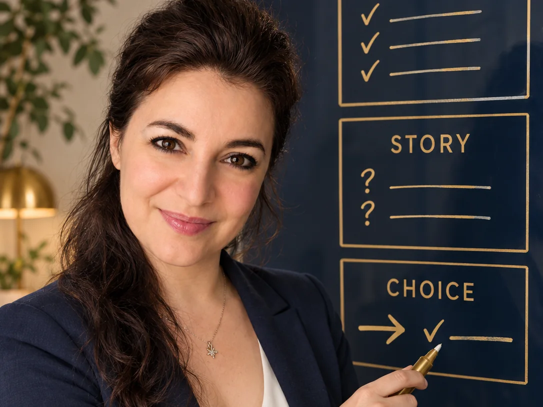 Stella Norsen pointing at a board that reads facts, story, choice
