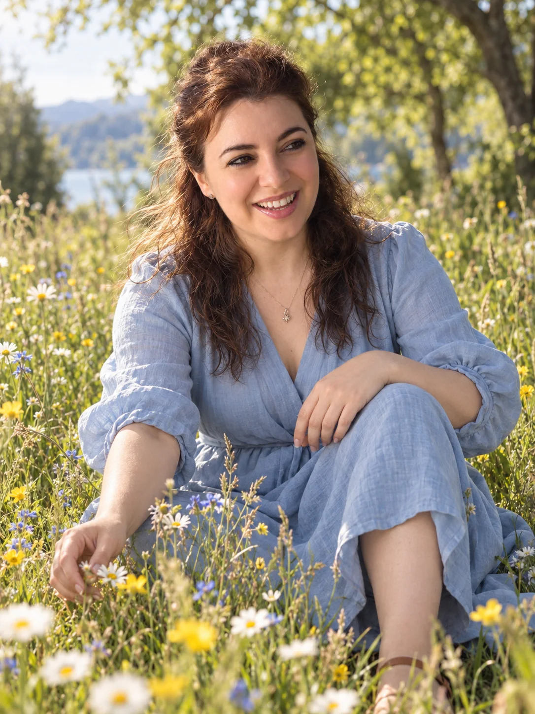 Stella Norsen seduta in un prato di fiori selvatici vicino all'acqua
