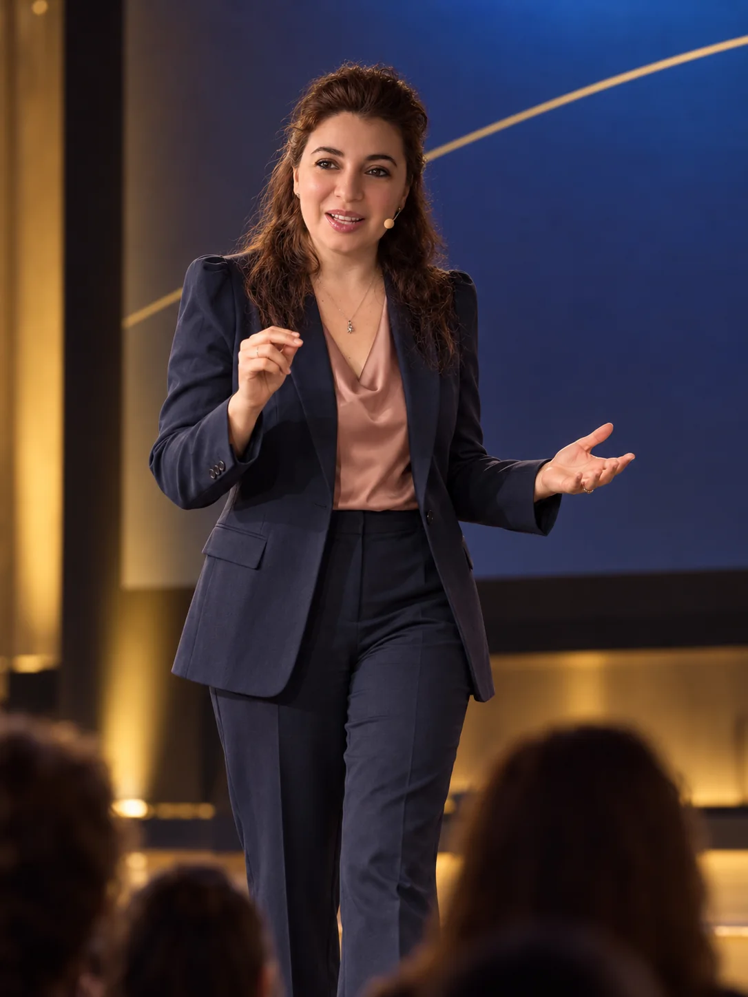 Stella Norsen teaching on stage with a headset microphone