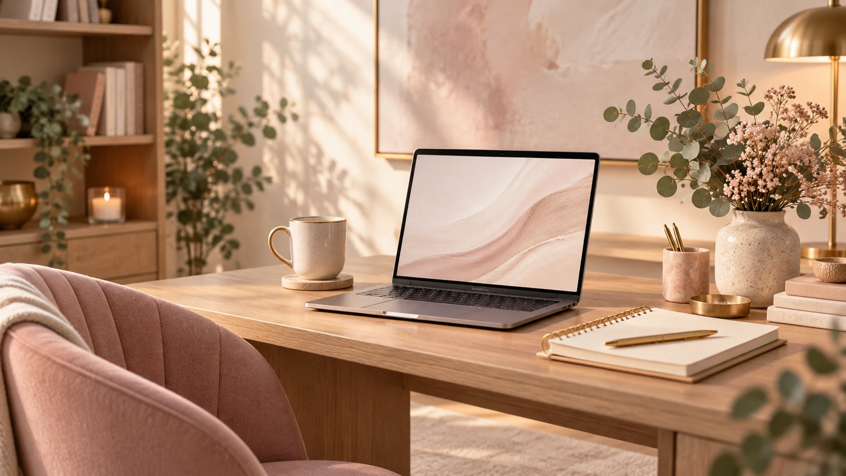 A bright desk with a laptop and notebook