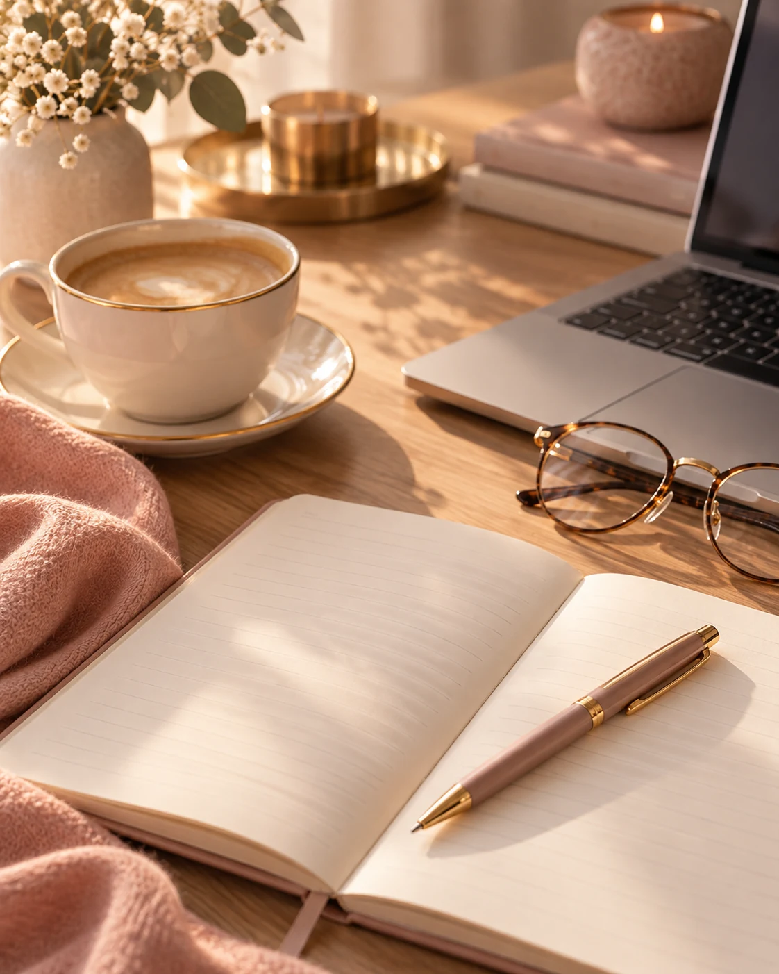 An open journal and a cup of tea in soft light
