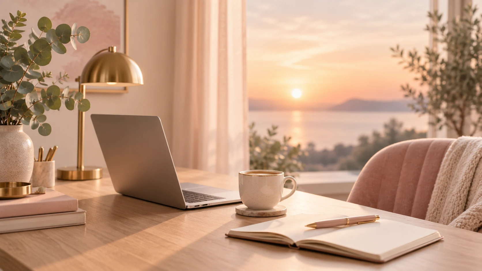 A calm desk by the window at sunrise
